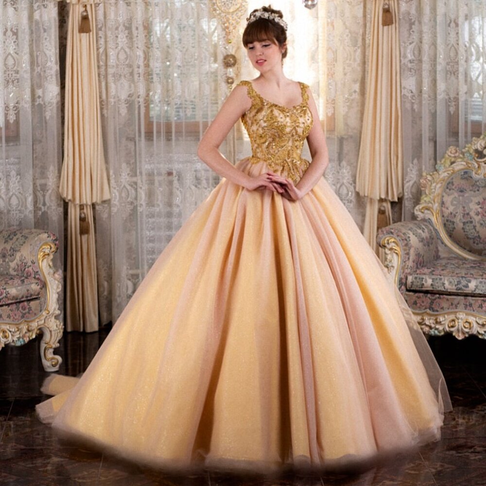 Gold Quinceañera Dress quinceanera dress with Regal Beaded Bodice – Elegant Prin